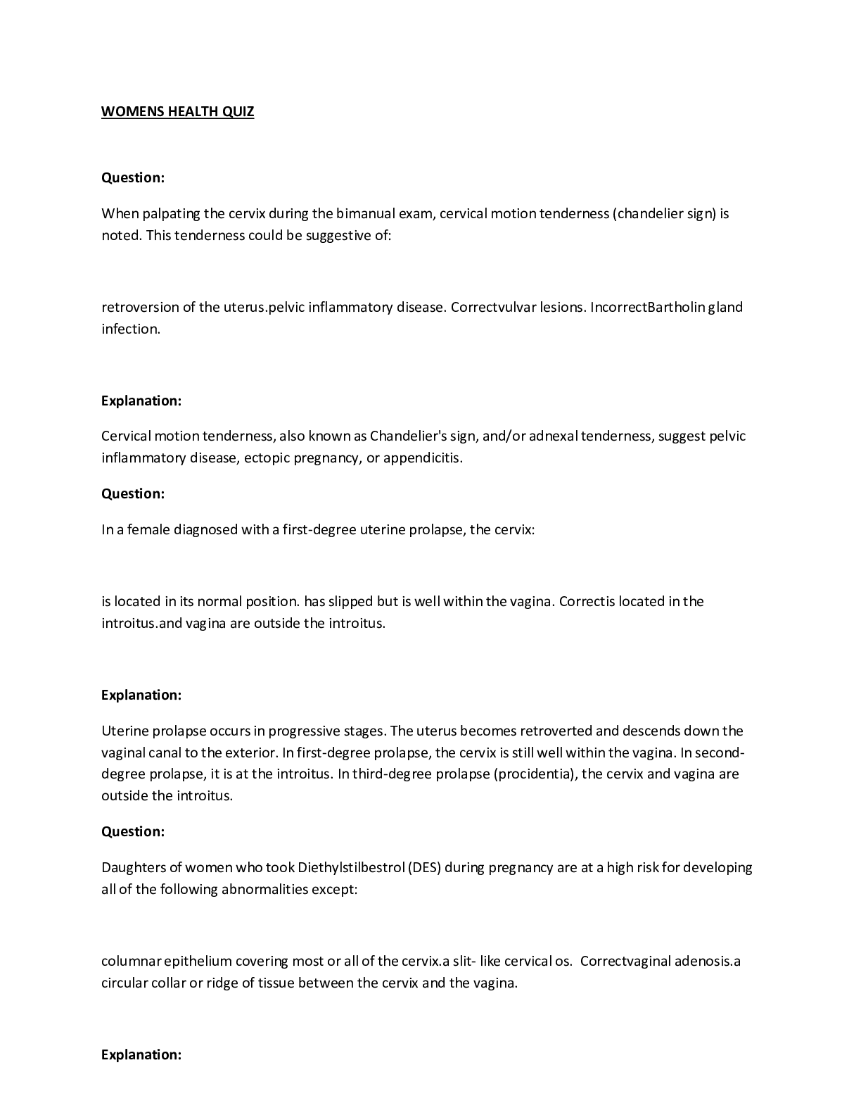 Preview image of Womens health Questions and Answers document